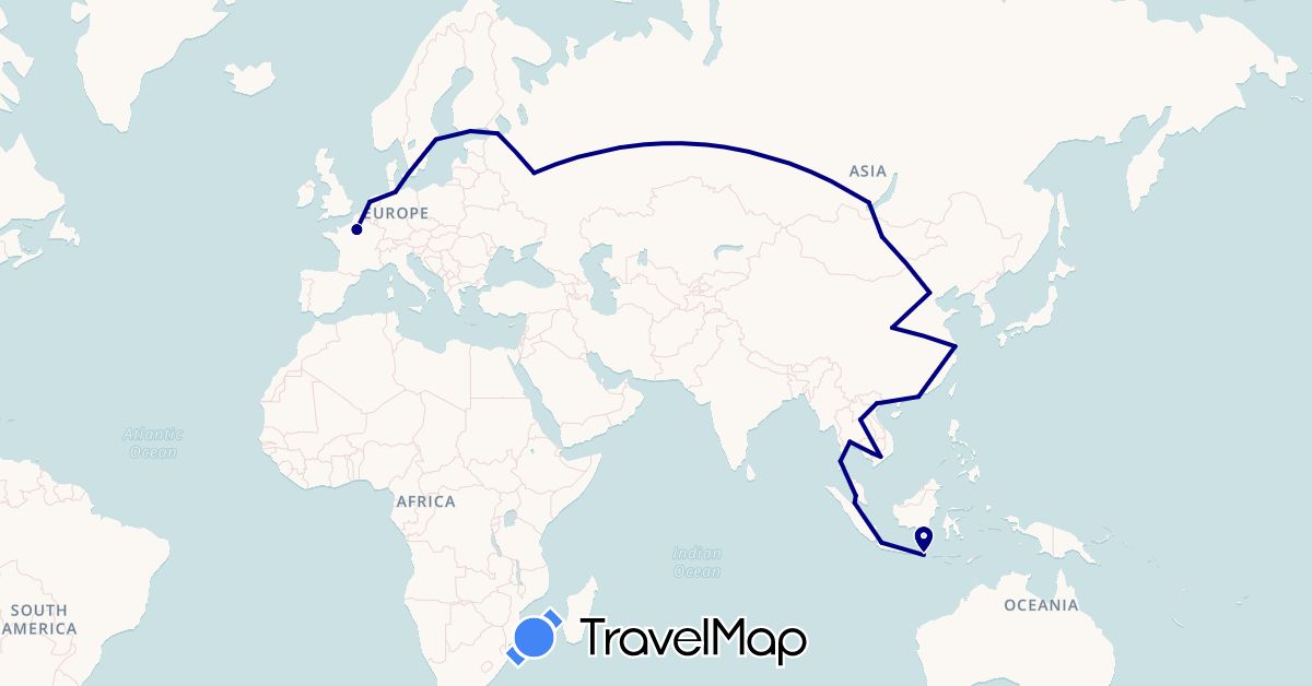 TravelMap itinerary: driving in China, Germany, Denmark, Finland, France, Hong Kong, Indonesia, Cambodia, Laos, Mongolia, Malaysia, Netherlands, Russia, Sweden, Thailand, Vietnam (Asia, Europe)